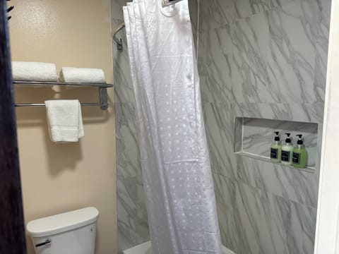 Combined shower/tub, hair dryer, towels
