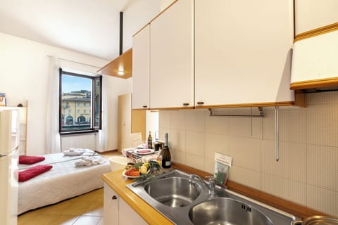 Full-size fridge, microwave, stovetop, electric kettle