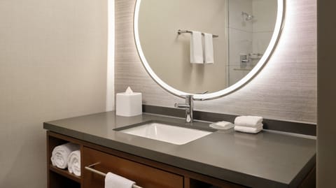 Combined shower/tub, free toiletries, hair dryer, towels