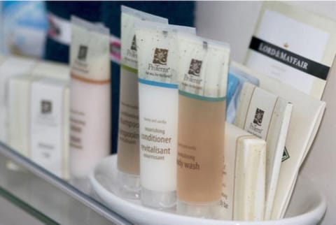 Designer toiletries, hair dryer, bathrobes, towels