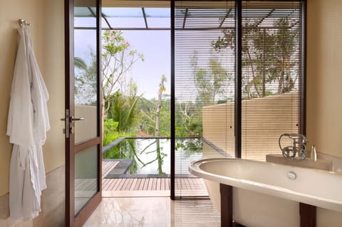 Separate tub and shower, free toiletries, hair dryer, bathrobes