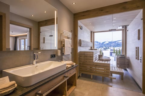 Panoramic Suite, 1 King Bed with Sofa bed, Sauna, Mountain View | Bathroom | Shower, rainfall showerhead, free toiletries, hair dryer