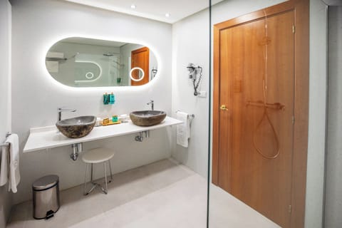 Hair dryer, towels, soap, shampoo