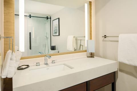 Combined shower/tub, free toiletries, hair dryer, towels