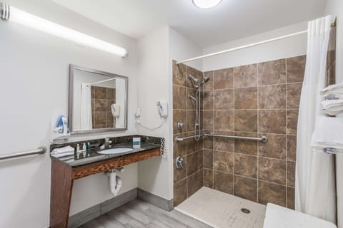 Desk, laptop workspace, blackout drapes, iron/ironing board