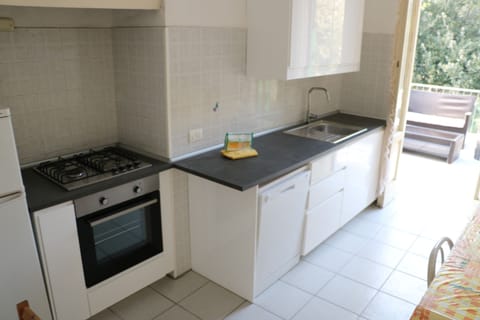 Full-size fridge, oven, stovetop, dishwasher