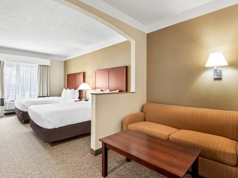 Desk, laptop workspace, blackout drapes, iron/ironing board