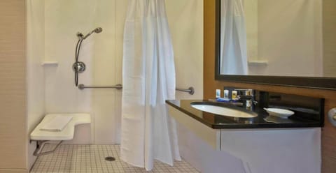 Combined shower/tub, free toiletries, hair dryer, towels