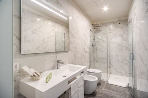 Combined shower/tub, free toiletries, hair dryer, bidet