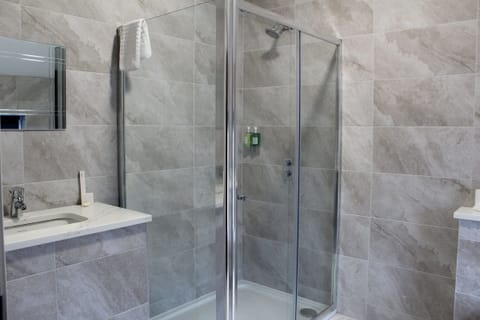 Shower, hair dryer, towels, toilet paper