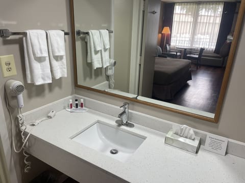 Combined shower/tub, free toiletries, hair dryer, towels