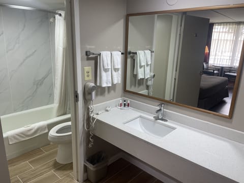 Combined shower/tub, free toiletries, hair dryer, towels