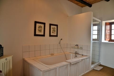 Separate tub and shower, free toiletries, hair dryer, towels