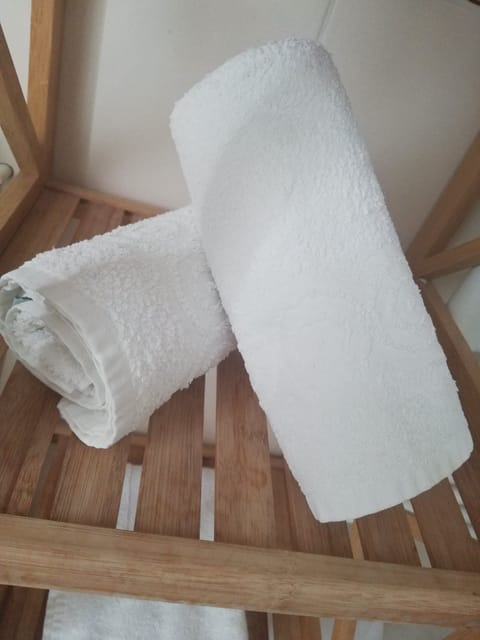 Hair dryer, slippers, towels, soap