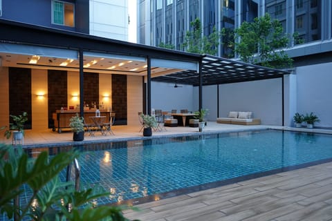 Outdoor pool, pool umbrellas