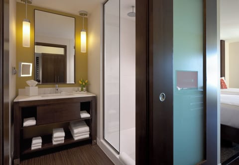 Shower, rainfall showerhead, free toiletries, hair dryer