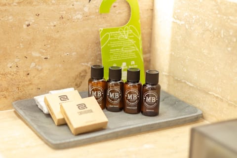 Shower, rainfall showerhead, free toiletries, hair dryer