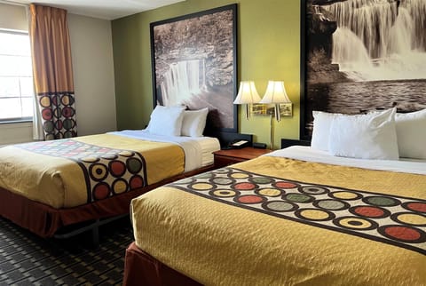 Desk, laptop workspace, blackout drapes, iron/ironing board