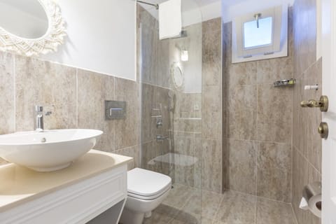 Shower, hair dryer, slippers, towels