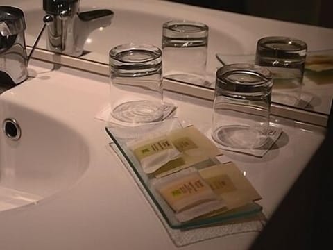 Combined shower/tub, free toiletries, hair dryer, towels