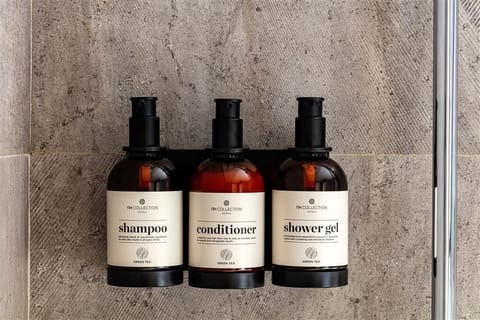 Rainfall showerhead, eco-friendly toiletries, hair dryer, bathrobes