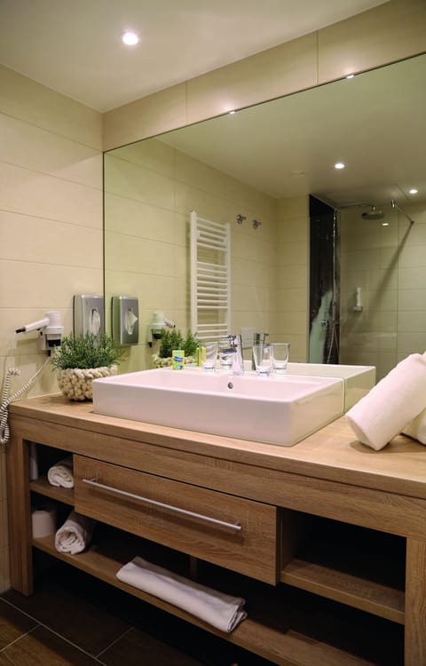 Shower, rainfall showerhead, hair dryer, bathrobes