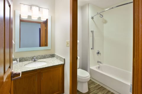 Combined shower/tub, free toiletries, hair dryer, towels