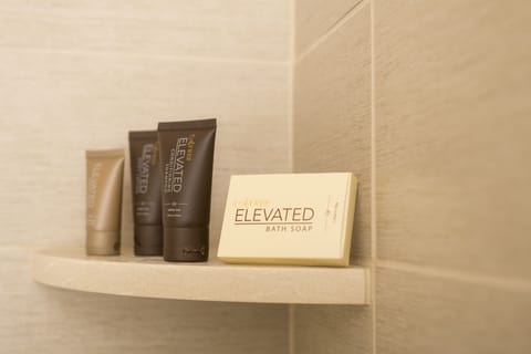 Combined shower/tub, eco-friendly toiletries, hair dryer, towels