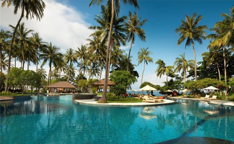Outdoor pool, pool umbrellas, sun loungers