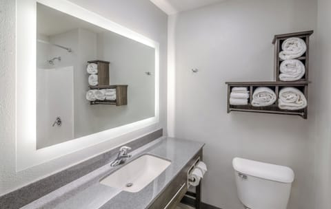 Combined shower/tub, free toiletries, hair dryer, towels