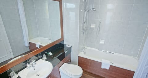 Combined shower/tub, free toiletries, hair dryer, towels