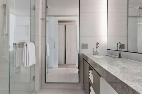 Shower, designer toiletries, hair dryer, towels