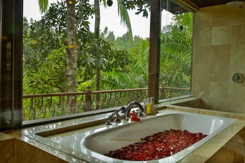 Valley Pool Villa | Bathroom | Separate tub and shower, deep soaking tub, rainfall showerhead