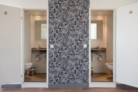 Shower, hair dryer, soap, toilet paper