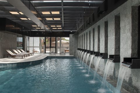 Indoor pool, open 10:00 AM to 10:00 PM, sun loungers