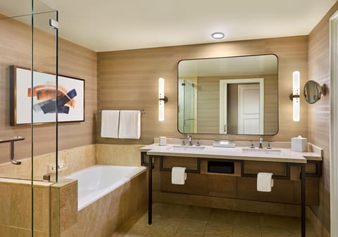 Separate tub and shower, deep soaking tub, free toiletries, hair dryer