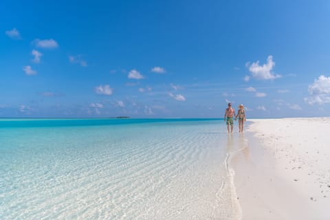Beach nearby, white sand, sun loungers, beach umbrellas