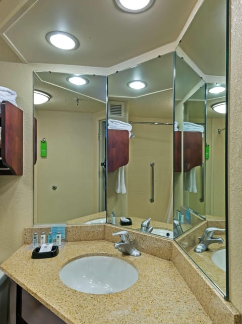 Combined shower/tub, hair dryer, towels