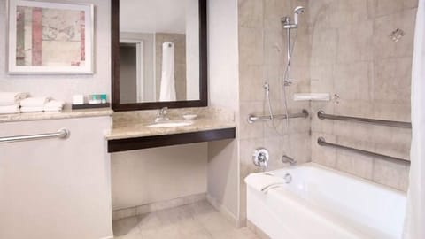 Designer toiletries, hair dryer, towels