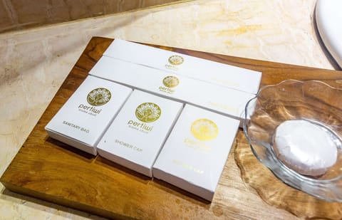 Separate tub and shower, free toiletries, hair dryer, bathrobes