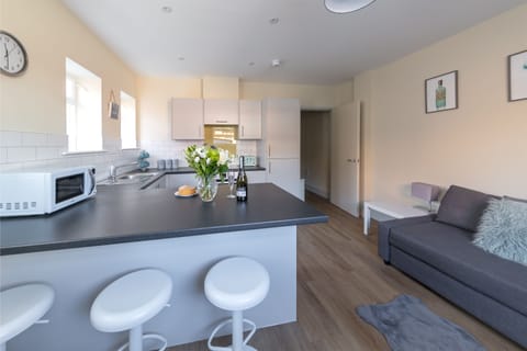 City Apartment | Private kitchen | Full-size fridge, microwave, oven, stovetop