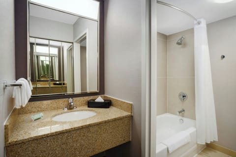 Combined shower/tub, free toiletries, hair dryer, towels