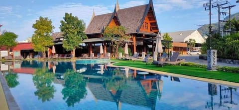 Outdoor pool, pool umbrellas, sun loungers