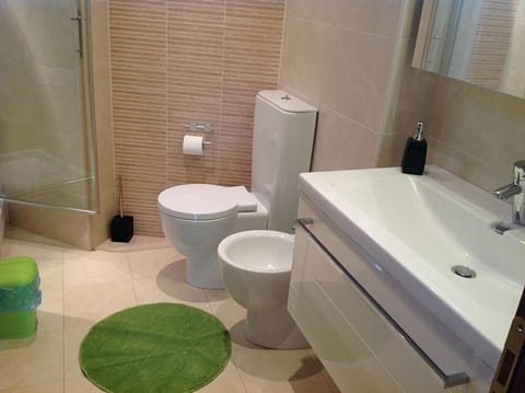 Separate tub and shower, rainfall showerhead, hair dryer, bidet
