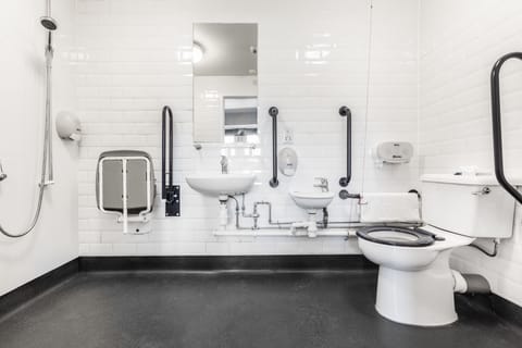 Shower, towels, toilet paper