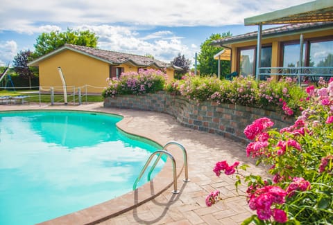 Outdoor pool, pool umbrellas, sun loungers