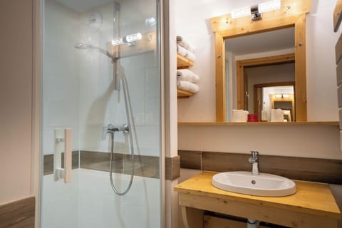 Shower, towels, soap, toilet paper