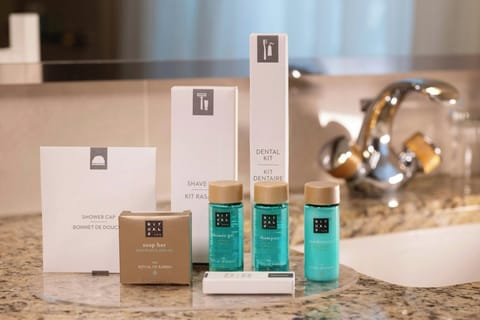 Combined shower/tub, free toiletries, hair dryer, bathrobes