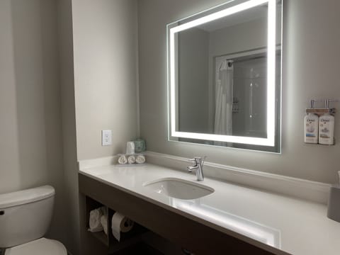 Combined shower/tub, free toiletries, hair dryer, towels