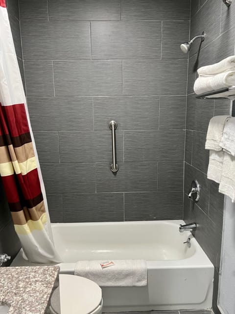 Combined shower/tub, free toiletries, towels